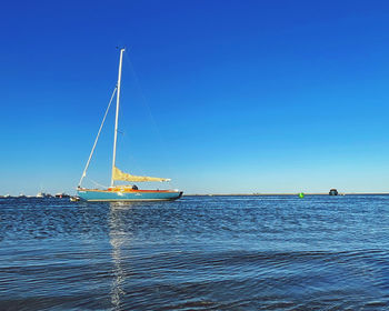 Sailboats sailing in sea against clear blue sky