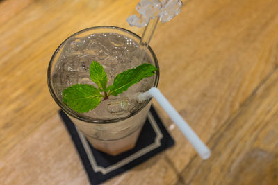 High angle view of drink on table