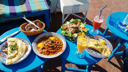 High angle view of meal served on table