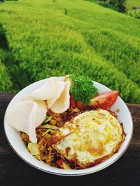 High angle view of breakfast served on table