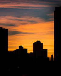 Silhouette of buildings against cloudy sky during sunset