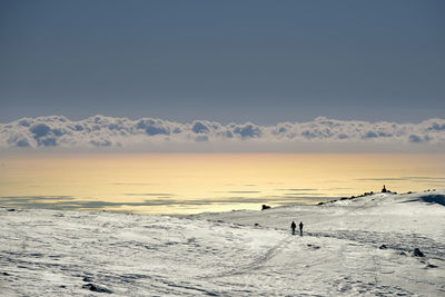 People on snow covered landscape against golden sea