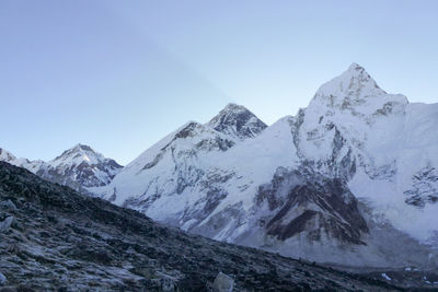 Scenic view of snowcapped mountains against clear sky