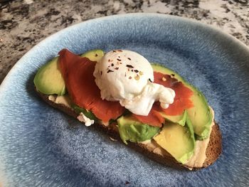 High angle view of breakfast served in plate