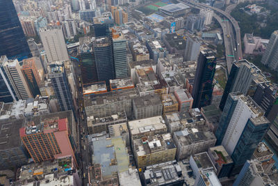 High angle view of modern buildings in city