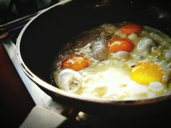 Close-up of fresh breakfast in cooking pan