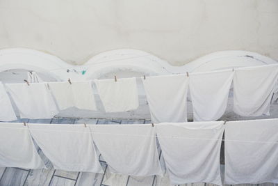 High angle view of clothes drying against wall