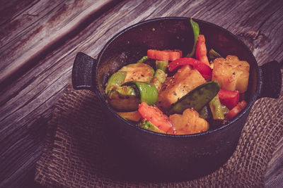 High angle view of food in plate on table