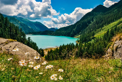 Scenic view of lake and mountains against sky