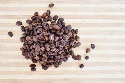 High angle view of coffee beans on table