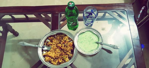 High angle view of breakfast on table