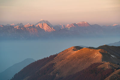 Scenic view of snowcapped mountains against sky during sunset