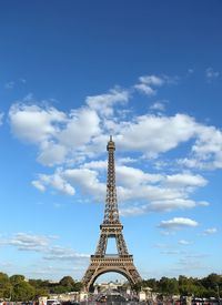 View of the eiffel tower with blue sky and clouds from the trocadero in paris france