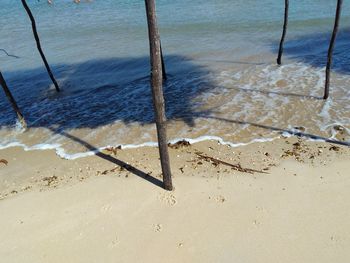High angle view of wooden post on beach