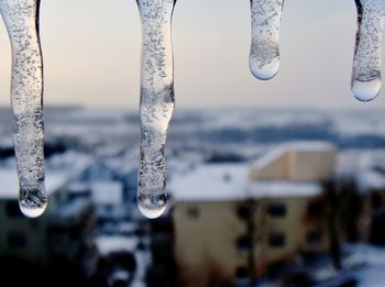 Close-up of icicles against sky during winter