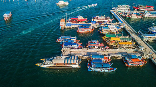 High angle view of ship sailing in sea