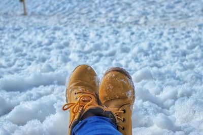 Low section of person standing on frozen ice