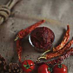 High angle view of spices and tomatoes on jute