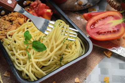 High angle view of food on table