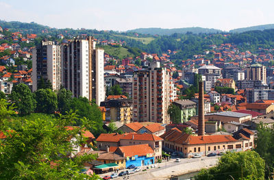 High angle view of cityscape against sky