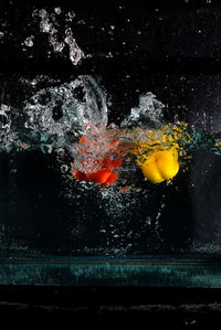 Close-up of bell peppers falling in water against black background
