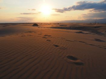 Scenic view of sand dune on beach against sky during sunset