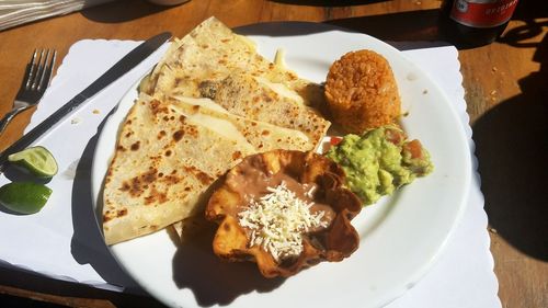 High angle view of food in plate on table