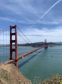 View of suspension bridge over sea