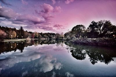 Scenic view of lake against sky at sunset