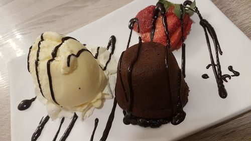 Close-up of ice cream served on table