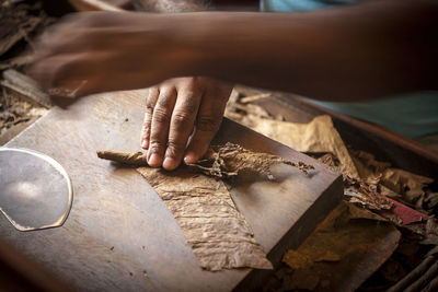 Close-up of person rolling cigar