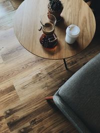 High angle view of beer bottles on table