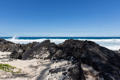 Scenic view of sea against clear blue sky