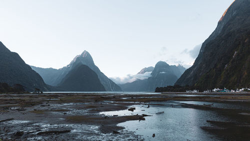 Scenic view of lake and mountains against sky