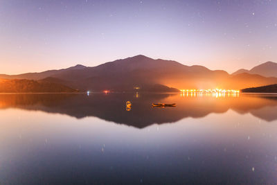 Scenic view of lake against sky at sunset