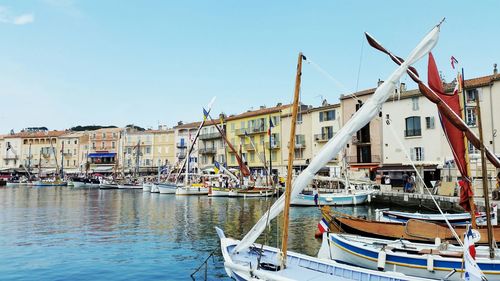 View of boats moored harbor