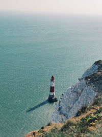 Lighthouse by sea against sky