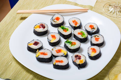 High angle view of sushi in plate on table