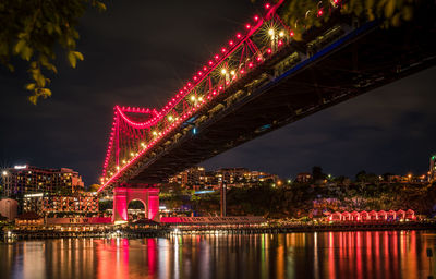 Illuminated bridge over river at night