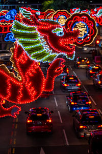 High angle view of traffic on road at night