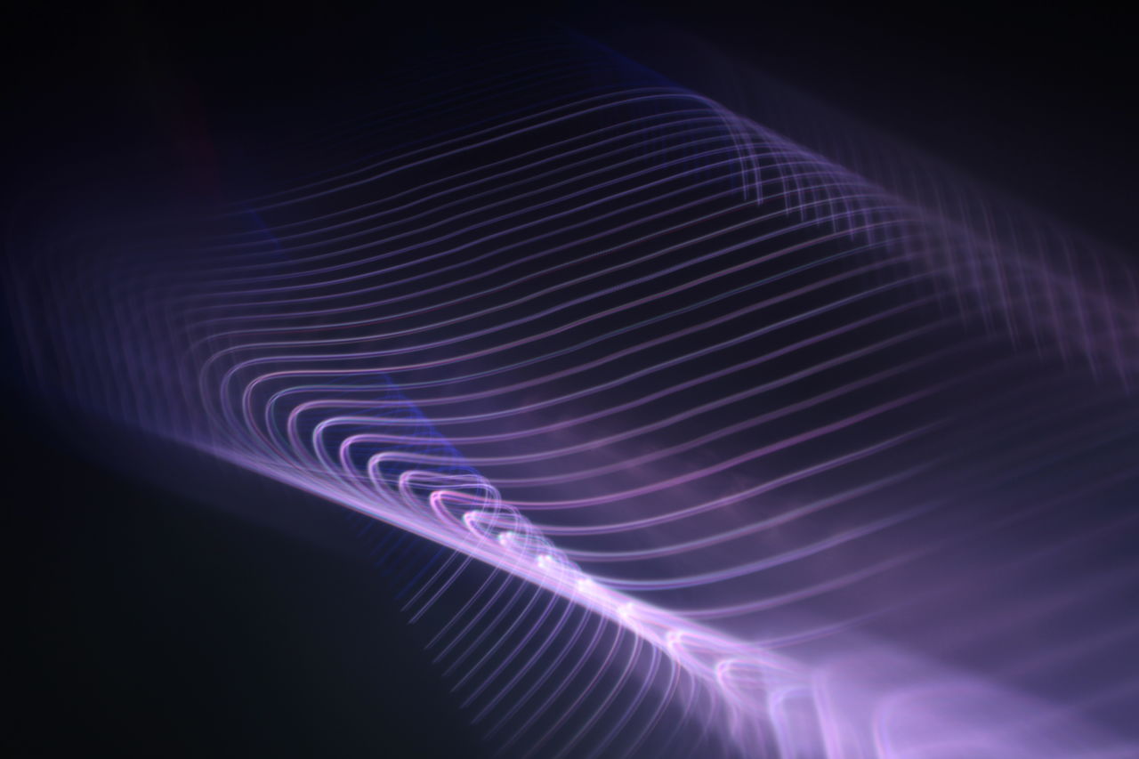wave, line, abstract, pattern, technology, futuristic, wing, no people, light - natural phenomenon, motion, circle, illuminated, backgrounds, purple, long exposure, wave pattern, light, blue, lens flare, studio shot, laser, curve, vortex, science, black background, nature