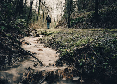 Man standing by stream in forest