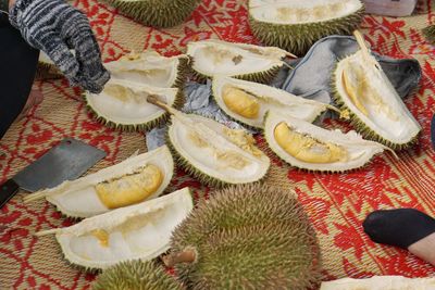 High angle view of durian fruitl served