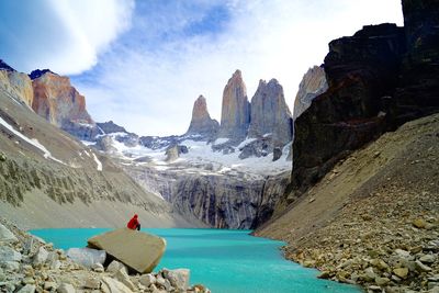 Scenic view of lake and rock formation at torres del paine national park