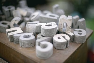 Close-up of alphabets on table