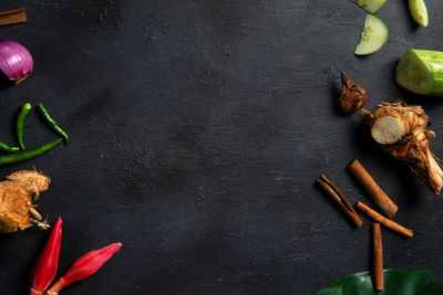 High angle view of various leaves on table