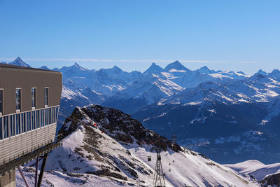 Scenic view of snowcapped mountains against clear blue sky