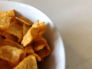 High angle view of bread in bowl on table