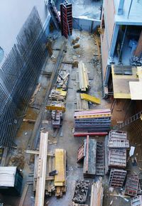 High angle view of railroad tracks in city against sky