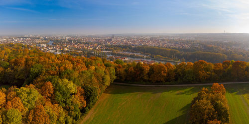 High angle view of trees against sky during autumn
